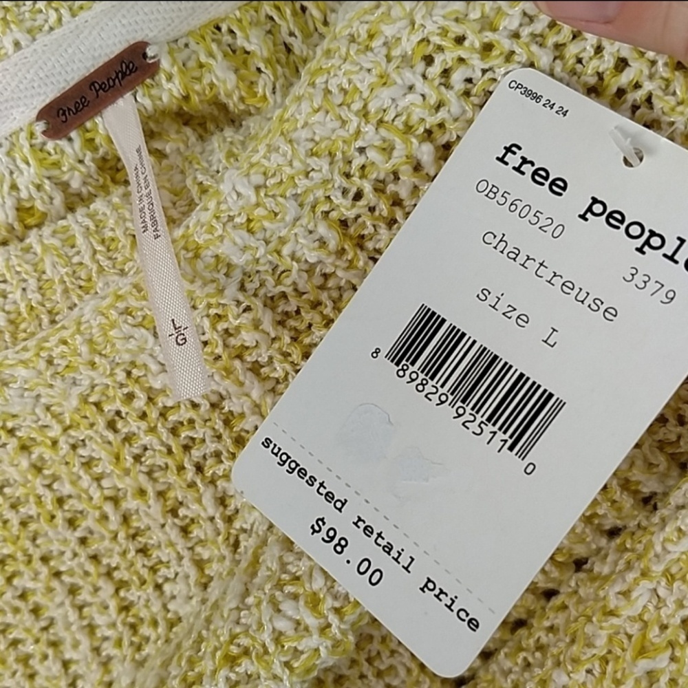 Free People Sweater Cotton Linen Knit Crew Neck Dolman Sleeve Chartreuse L NWT - Picture 8 of 8